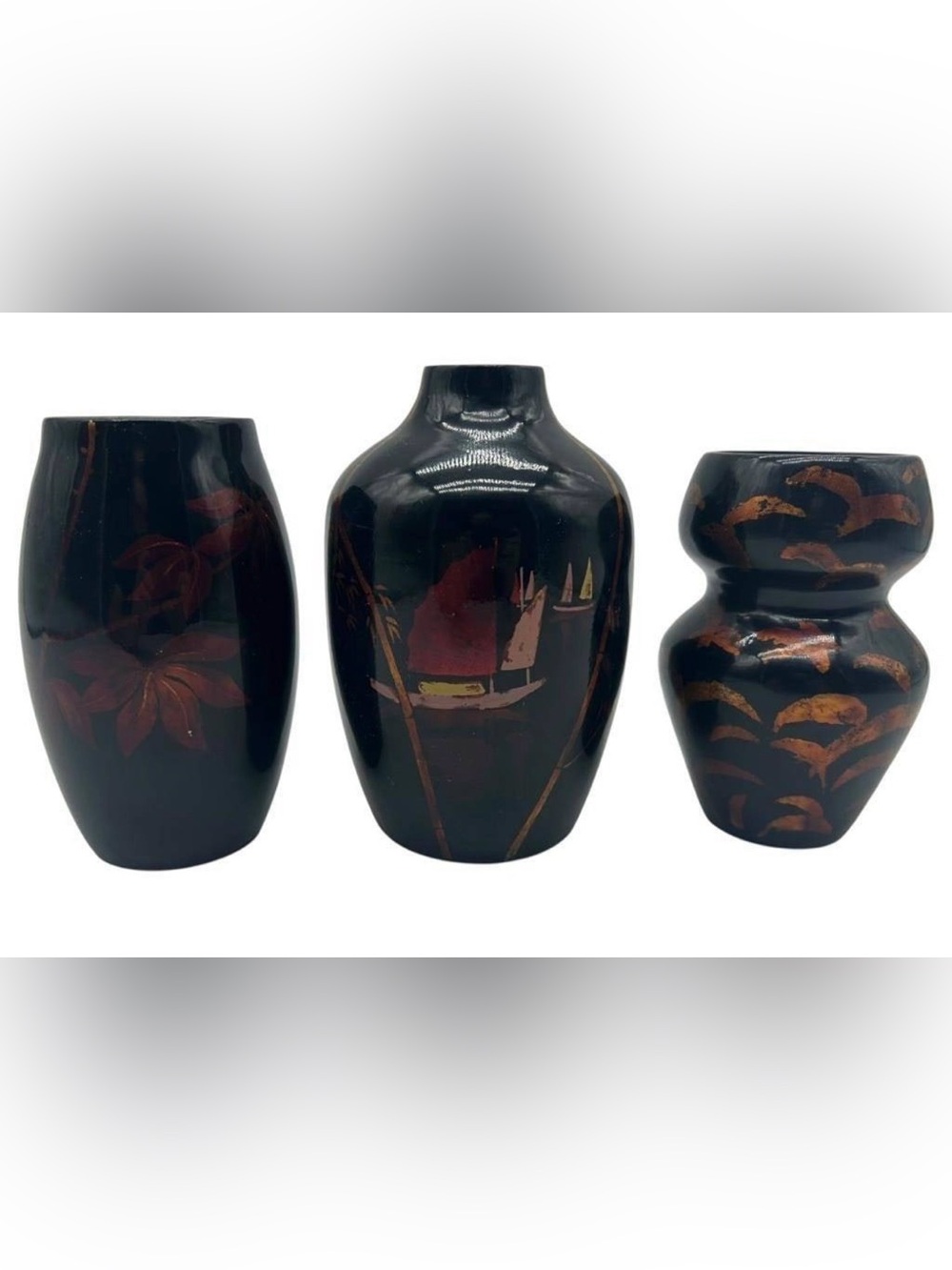 Vintage Japanese Black Lacquer Vases Set of 3 Hand Painted Floral Sailboat Gold